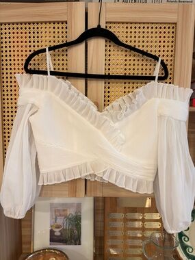 Zimmerman White Pleated Organza Cold-Shoulder Cropped Top